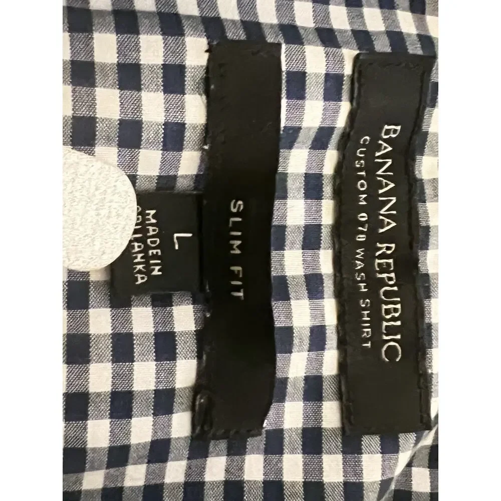 Banana Republic Mens Slim Fit Gingham Short Sleeve Button Down Shirt Navy Blue L